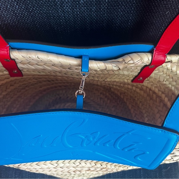 CHRISTIAN LOUBOUTIN Loubishore Woven Embossed Leather Blue Straw Tote Bag - Picture 4 of 7